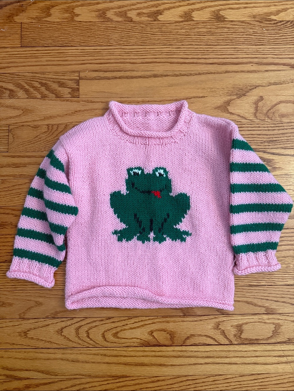 Hand knit Pink Knit Sweater with Green Frog size 5